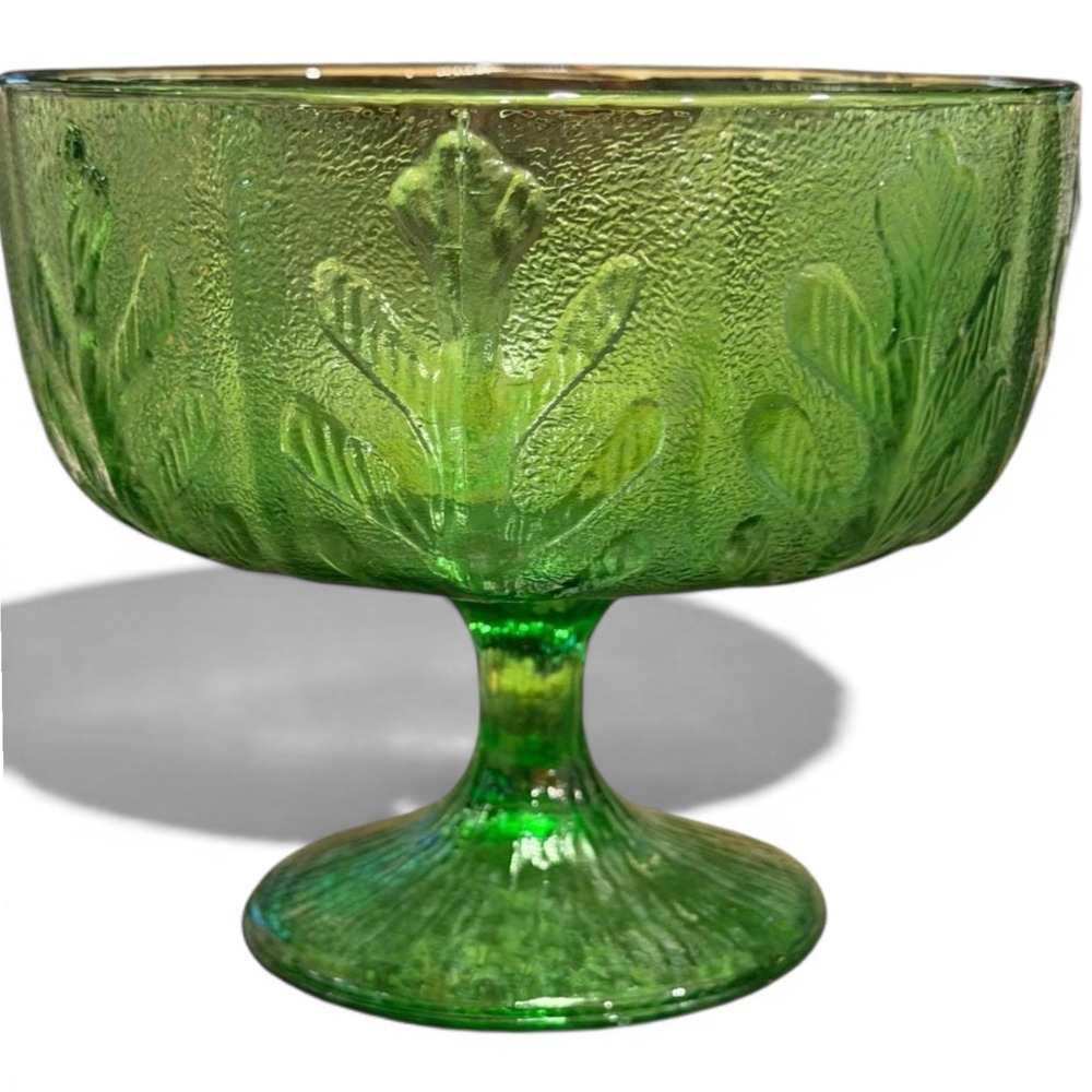 Compote Green Glass FTD 1975 Leaf Floral Pedestal Bowl Emerald Vintage Decor